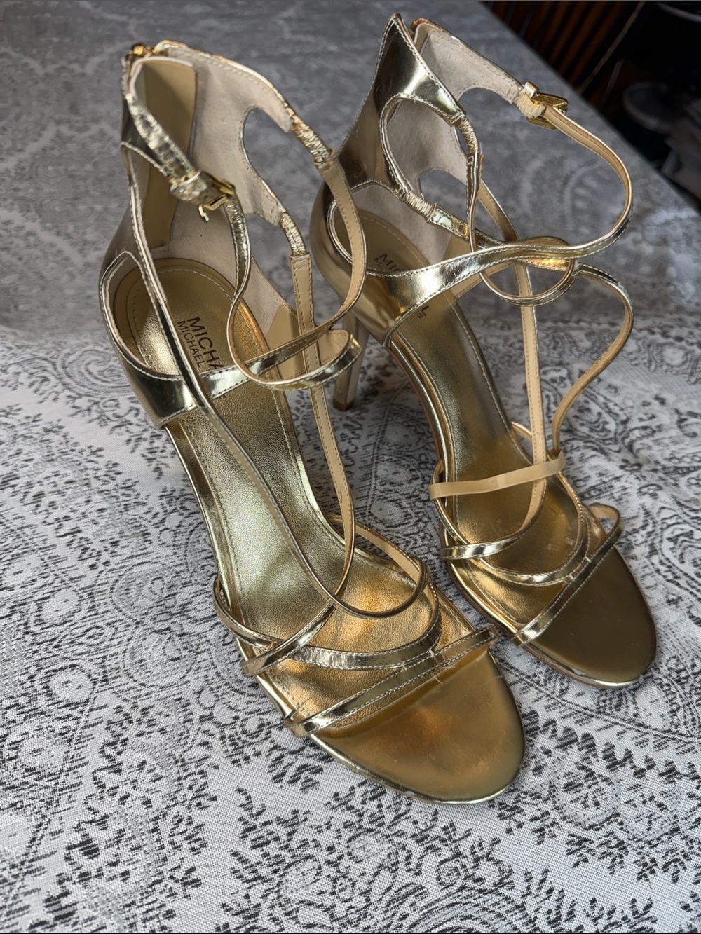 MICHAEL Michael Kors Metallic Gold Strappy High Heel Sandals - Size 8